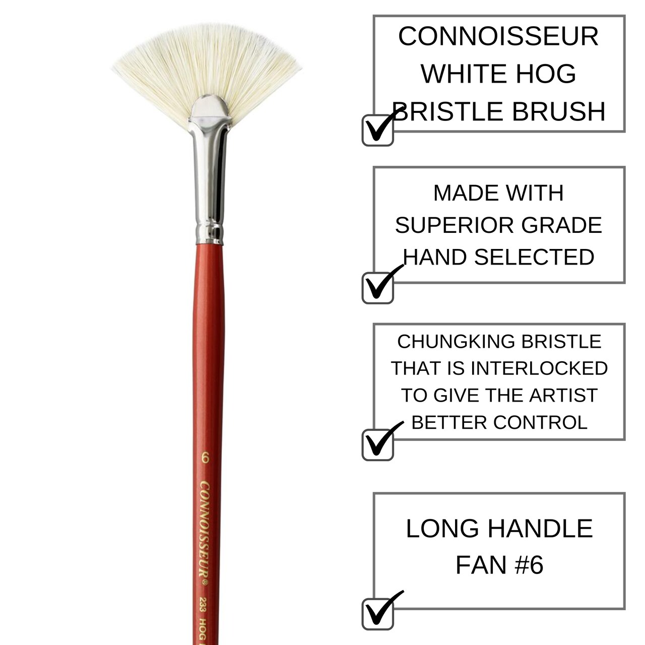 Connoisseur Brush Hog Bristle LH Fan #6 – Durable Natural Bristle Brush for Broad Washes, Gesso & More, Copper Ferrule, Ideal for Craft Painting & Acrylics